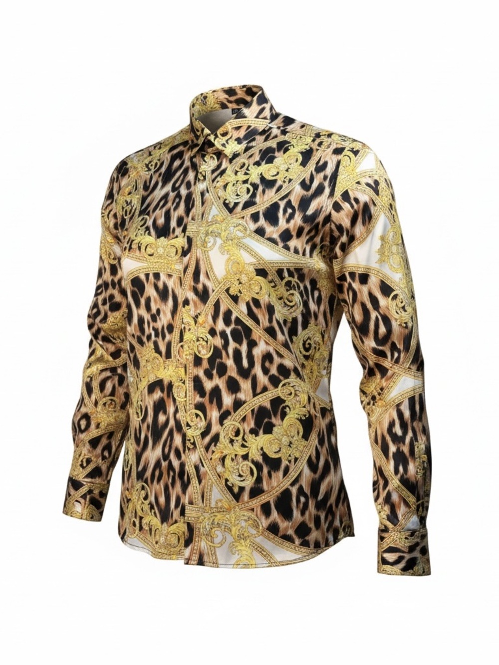 Vintage Regine Chevallier Mens Shirt Leopard & Gold Baroque Chain Print USA